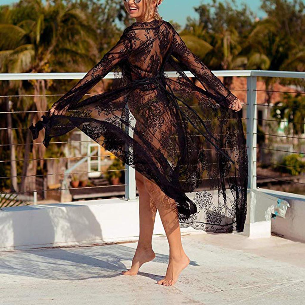 Women Sexy Long Lace Dress Gown  Lingerie Kimono Swimsuit Cover Up