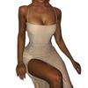 Módní Sexy Bez Zad Čtvercový Výstřih Šle Jednobarevné Zlatý Samet Rozparek Bodycon Šaty pro Ženy Evropské Americké