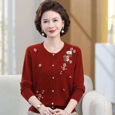 Eleganter Damen-Cardigan aus reiner Wolle - Herbst/Winter Rundhals-Strickware mit Stickerei für Mütter mittleren bis hohen Alters