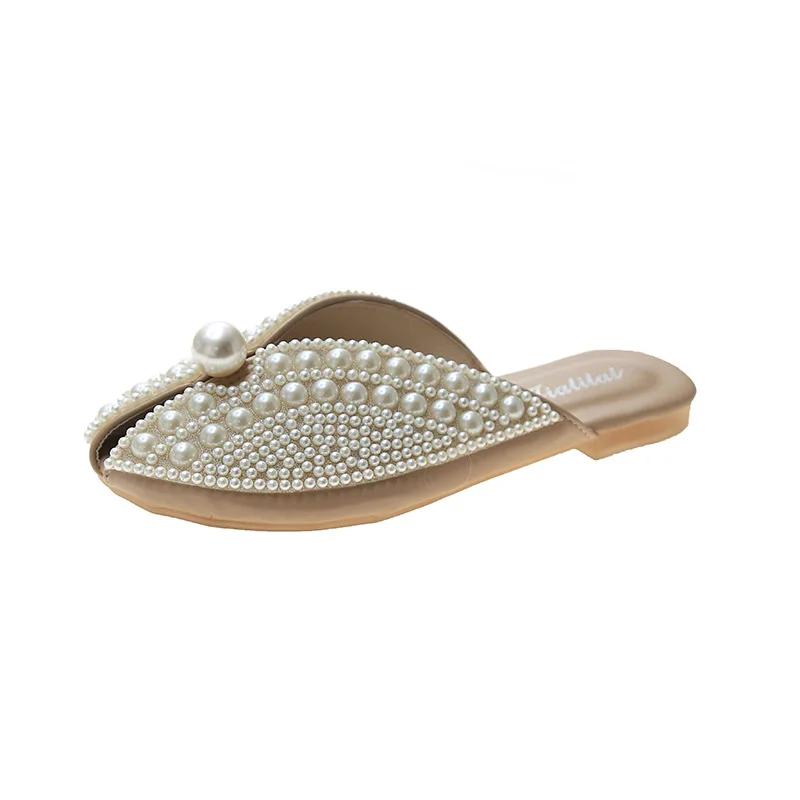 

Bohemian Pearl Decorated Flat Open Toe Flip Flop Sandals for Ladies Summer Crystal Casual Beach Slippers Daily Footwear 36