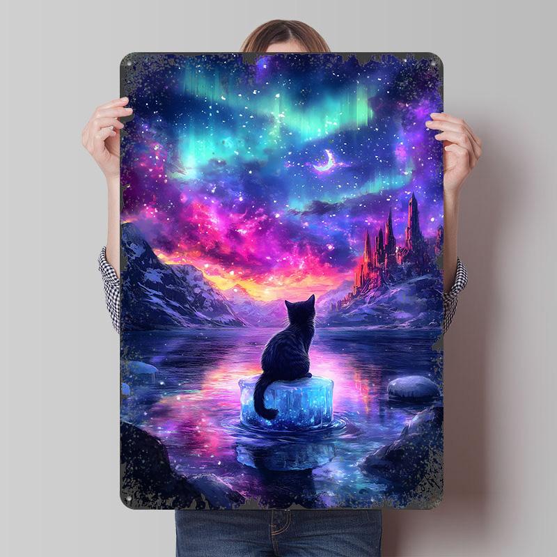 

Cat Under Aurora Borealis Tinplate Poster Customized Wall Art Vintage Retro Metal Signs for House Decor Wand Deko Man Cave Room 7.9x11.8In(20x30cm)