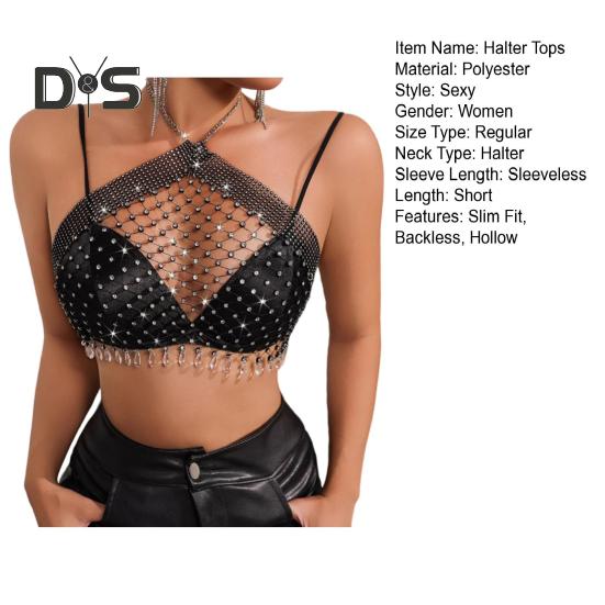 Sexy Halter Top Bez rukávů Bez zad Krátký top Dutá rybí síť Lesklé vsazené kamínky Perspektivní top s krčním páskem