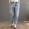 Retro Printed Light Blue Cropped Jeans for Women In Plus Size, Elastic High Waisted, Loose Straight Leg Pants