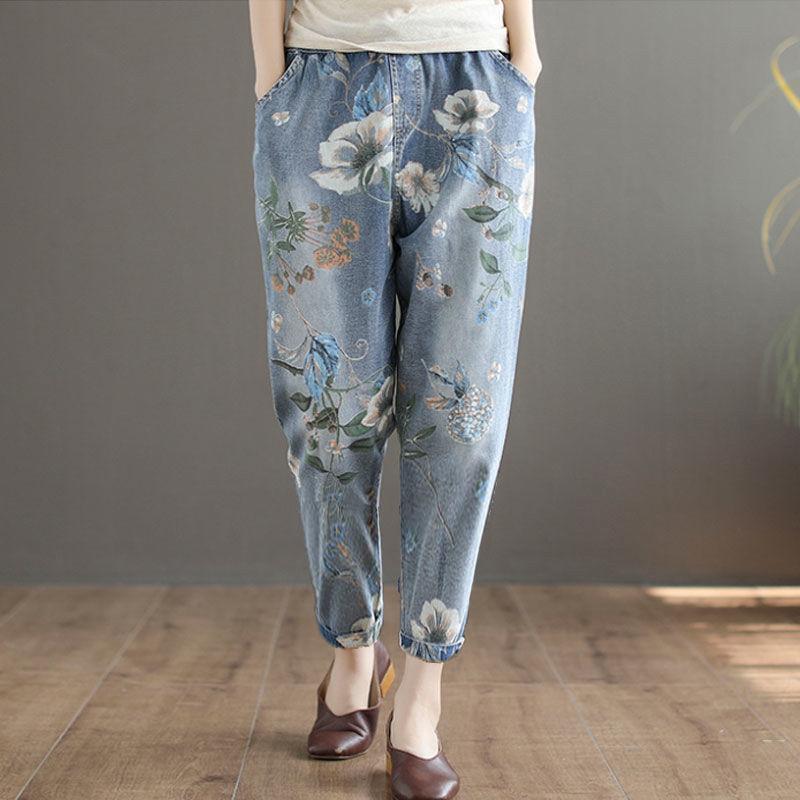 Retro Printed Light Blue Cropped Jeans for Women In Plus Size, Elastic High Waisted, Loose Straight Leg Pants