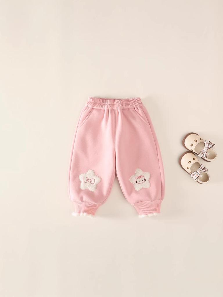 Girls' Winter Velvet-Lined Trousers – Thick, Cuffed, Cartoon Design, Warm Sweatpants for Autumn/Winter.
