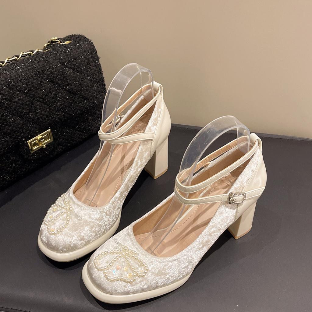 New Chinese cross belt elegant high heels women's 2025 spring new temperament waterproof table thick heel Mary Jane single shoes