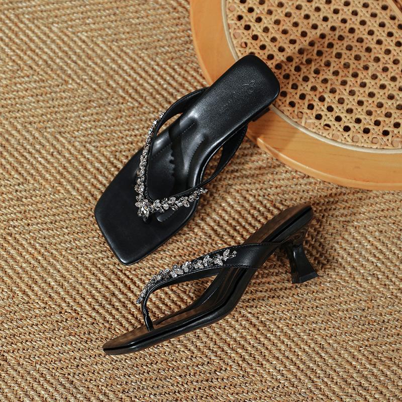 High-heeled Slippers Women's High-end Rhinestone Beaded Shoes 2025 New Summer Square-toed Herringbone Cool Slippers