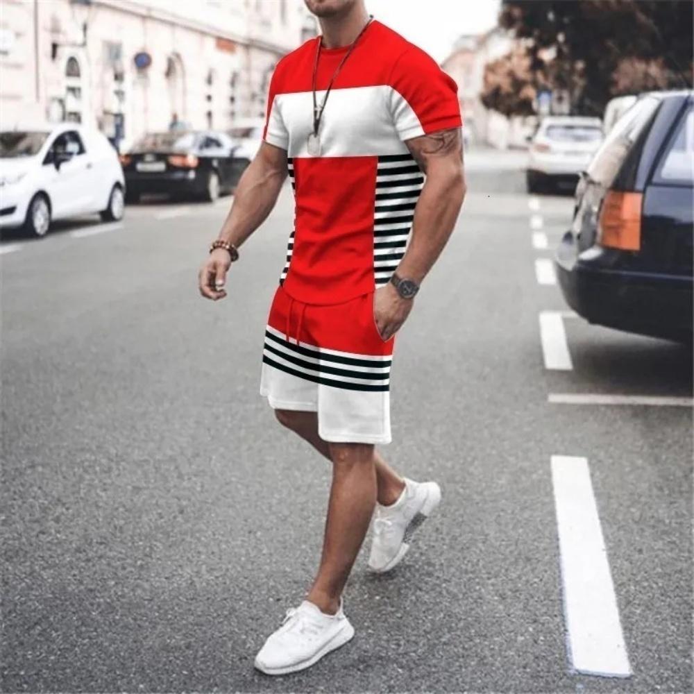 Men's Casual Sports Set Short Sleeve and Shorts Two-Piece Fashion Geometric Pattern Summer Daily Wear Comfortable Breathable