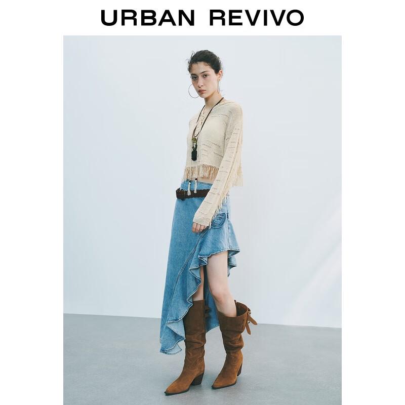 

UR 2025 Осенний курортный вязаный свитер с капюшоном и кисточками M