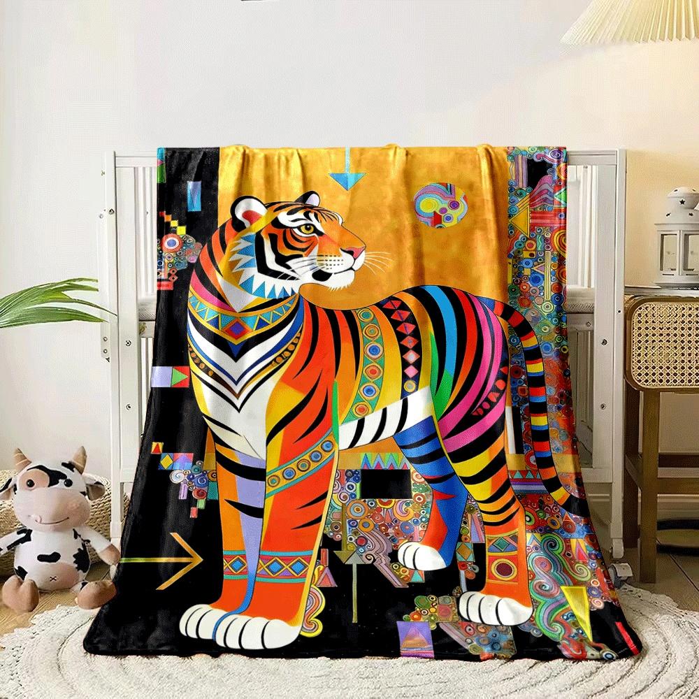 A colorful tiger with geometric patterns against a vibrant abstract background. for all seasons blanket lunch break throw gift 80cm x 120cm