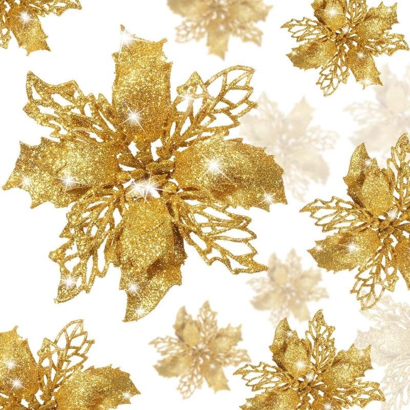 5Pcs Gold Christmas Sparkling Flowers Heads For Xmas Tree Hanging Ornament Home Room Decor Party DIY Wreath New Year 2025 Gifts