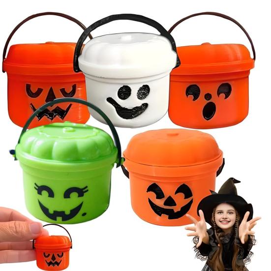 Mini Halloween Candy Bucket Spooky Ghost Pumpkin Candy Bucket Plastic Candy Bowls with Lid And Handle for Trick or Treat Halloween Party Favors