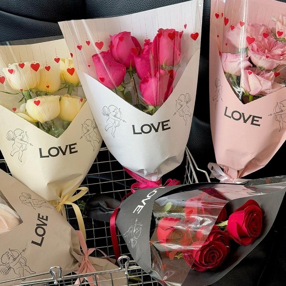 10 Pieces Transparent Flower Packaging Bags Romantic Colorful Hug Bucket Bouquet LOVE Theme Waterproof Rose Gift Bags