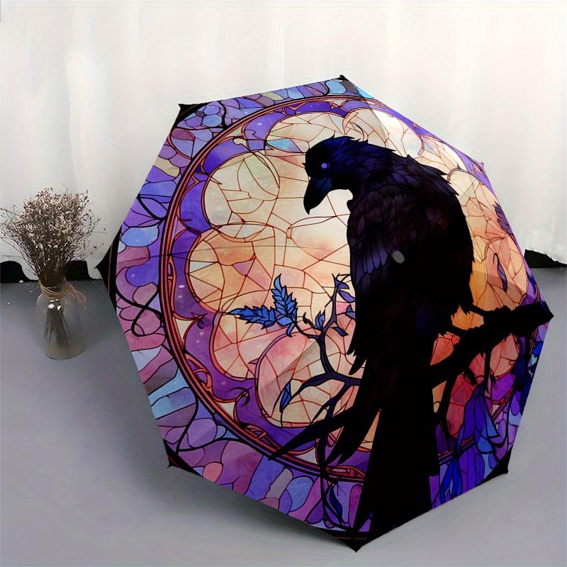 Stained Raven Wall Art: Unique Home DecorUmbrella, Portable 3-Fold Compact Umbrella,Christmas Gift ES611