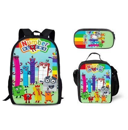Digital Building Block Backpack Numberblocks Student Schoolbag Cartoon Backpack Satchel Pencil Case Three-Piece Set