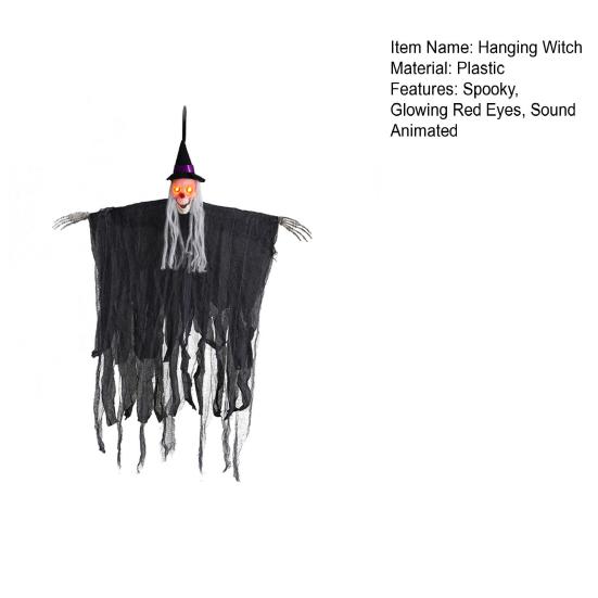 Yousheng Halloween Hanging Witch Decoration Sound Animated Flying Witch with Light-up Red Eyes for Indoor Outdoor Haunted House Decor