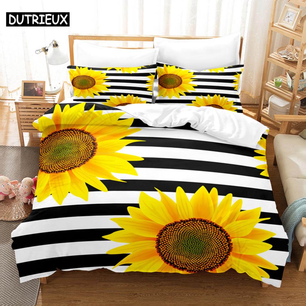 Floral Quilt Cover Queen Size Sunflower Duvet Cover 3D Bedding Set 3Pcs 2Pcs With Pillowcase King Full Twin Single Double Beds