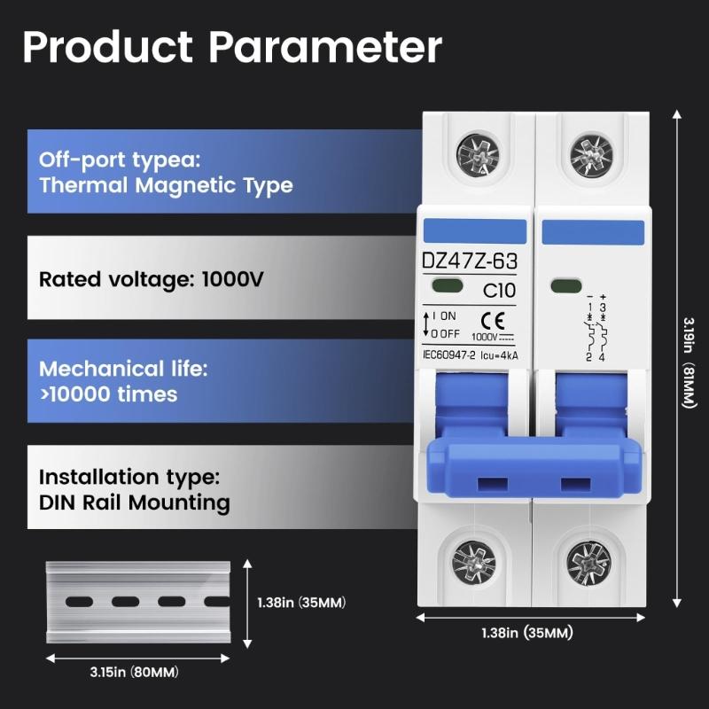 Rail-Mount Mini Breaker 2P 1000V for Home Solar Lines, Residential Energy Routing, and Direct-Current Line Control in Small Layouts