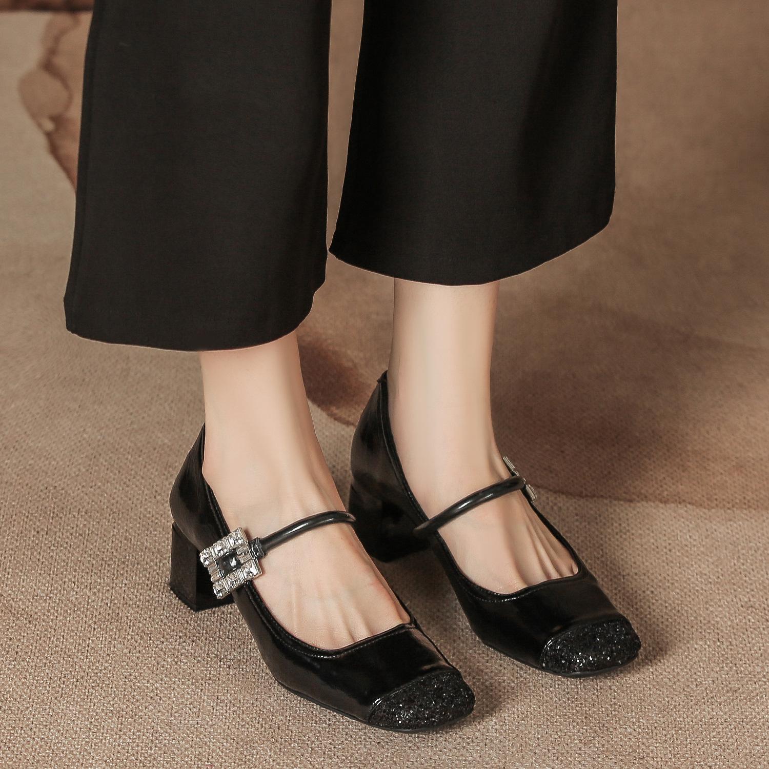 

H923-2 женские летние туфли высокого класса на высоком каблуке, подходящие по цвету, квадратная головка, толстый каблук, туфли Мэри Джейн, повседневная одежда с юбкой 34