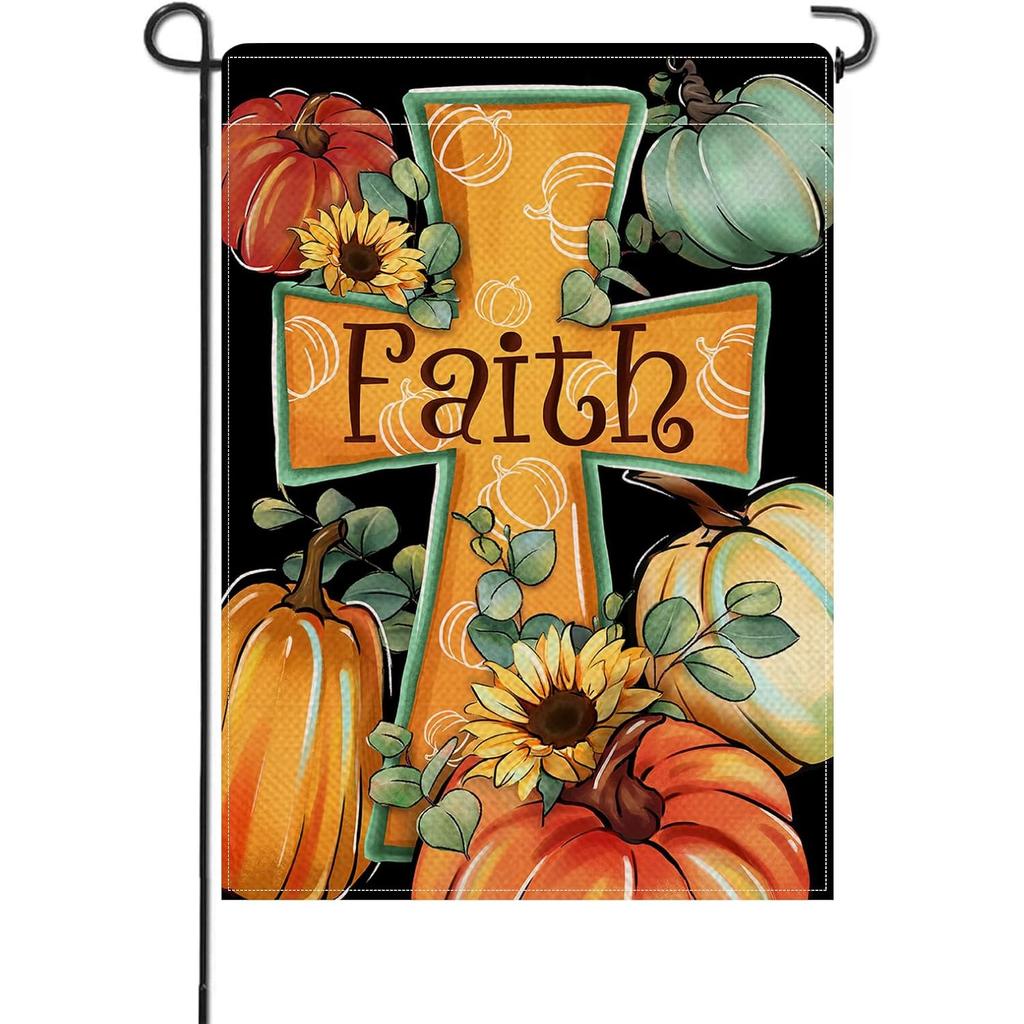 Fall Religious Christian Cross Small Decorative Garden Flag | Autumn Faith Pumpkin Sunflower Yard Lawn Outside Decor, Thanksgiving Seasonal Outdoor Ho