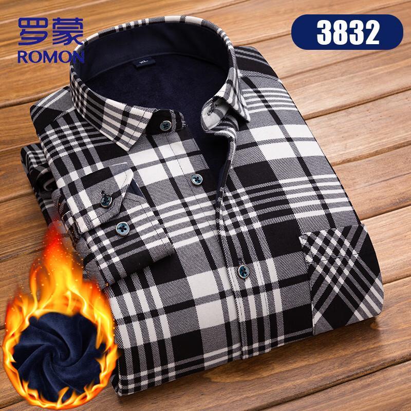 Romon Men s Fleece-Lined Plaid Long-Sleeve Shirt XL