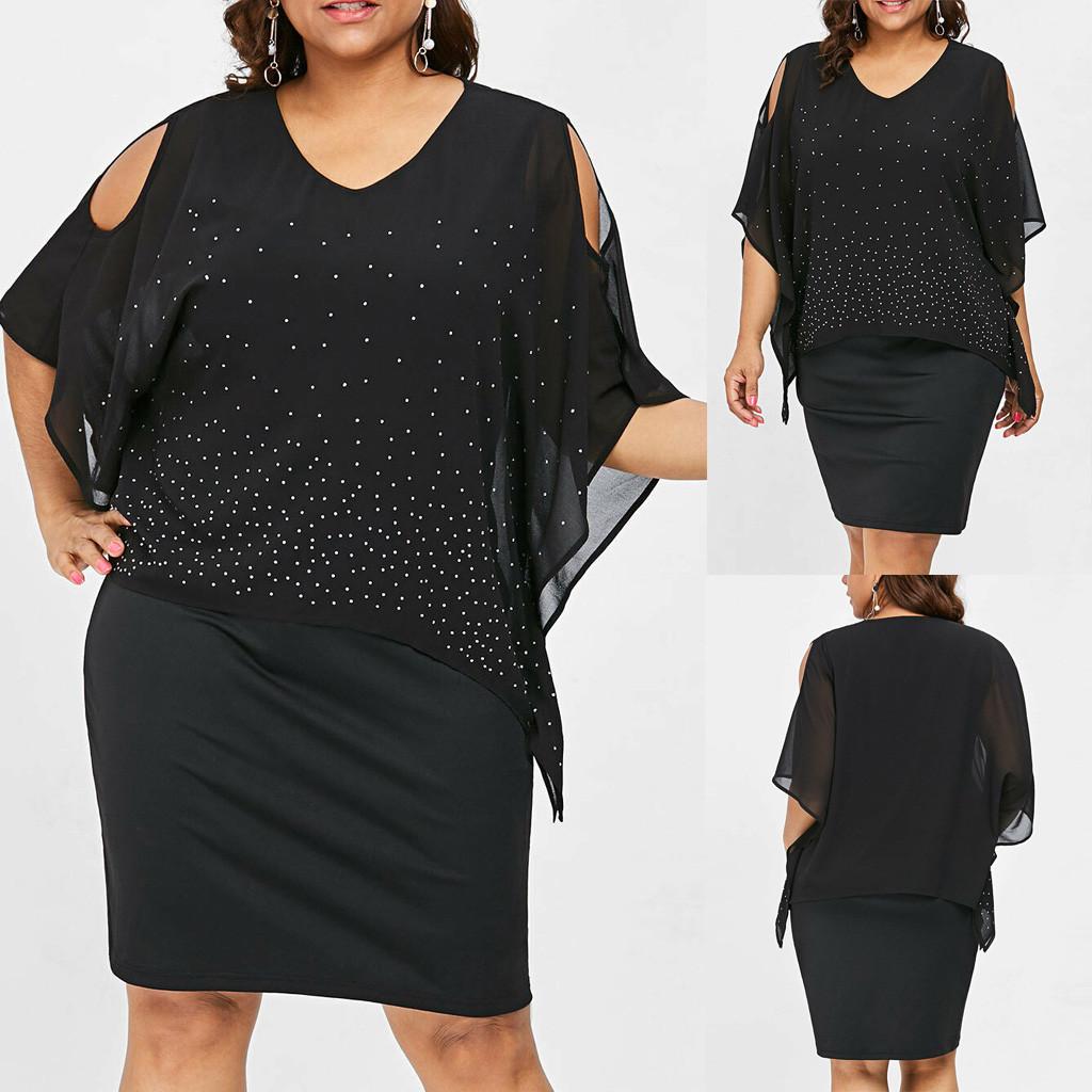 Buy Women Plus Size O-Neck Solid Cold Shoulder Overlay Asymmetric ...