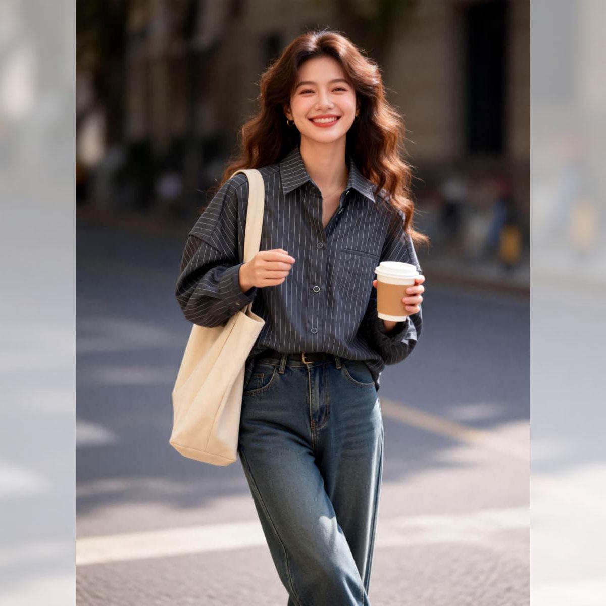 

Women s French Retro Striped Lapel Shirt for Spring and Autumn - Casual, Slimming, Layered Look 3XL чорний