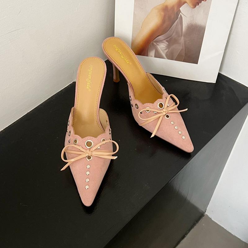 

Женские туфли-полусабо лето 2025 модные новые с острым носком, бантом, кружевные, ажурные, на высоком каблуке, с закрытой пяткой, задник открытый, шпильки, шлепанцы 40