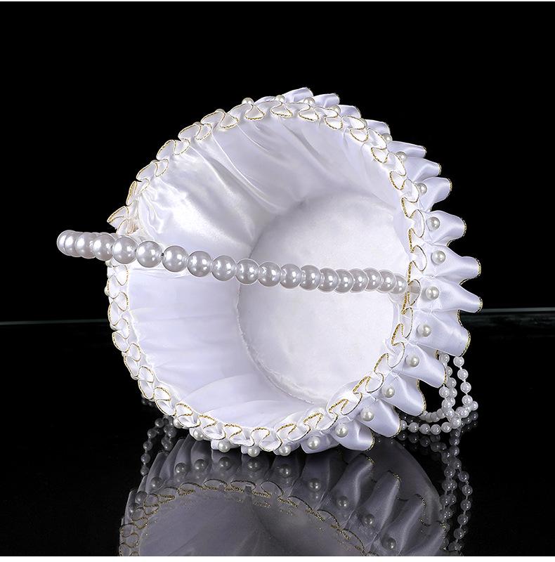 European White Pearl Flower Girl Basket – Satin Trim for Wedding Petals