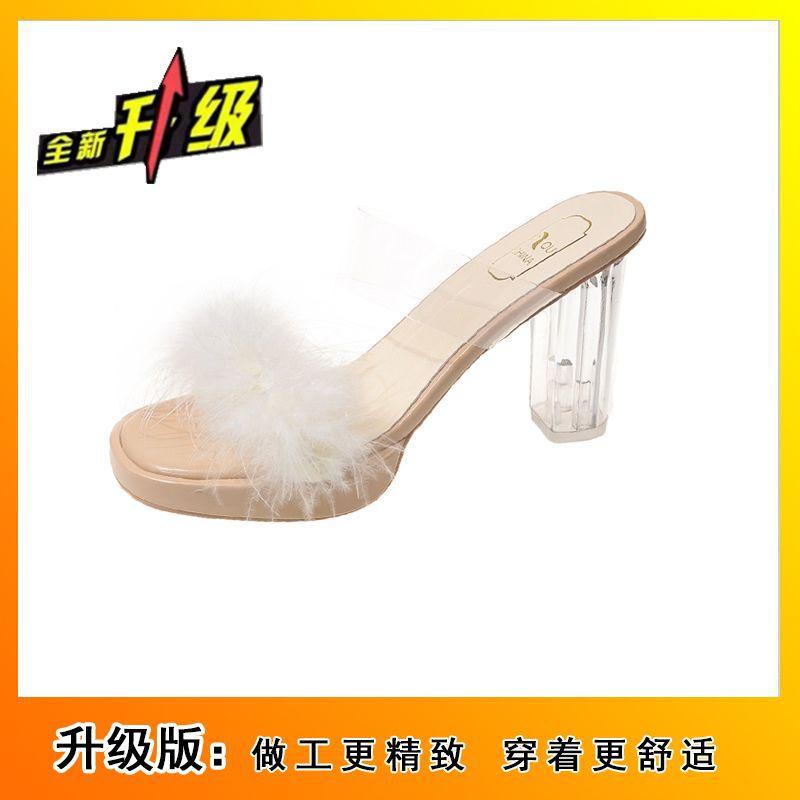 Transparent Crystal High Heels Fashion Temperament Fashion Platform Slippers 2025 Summer Thick Heel Open Toe Fluffy Shoes Sandals
