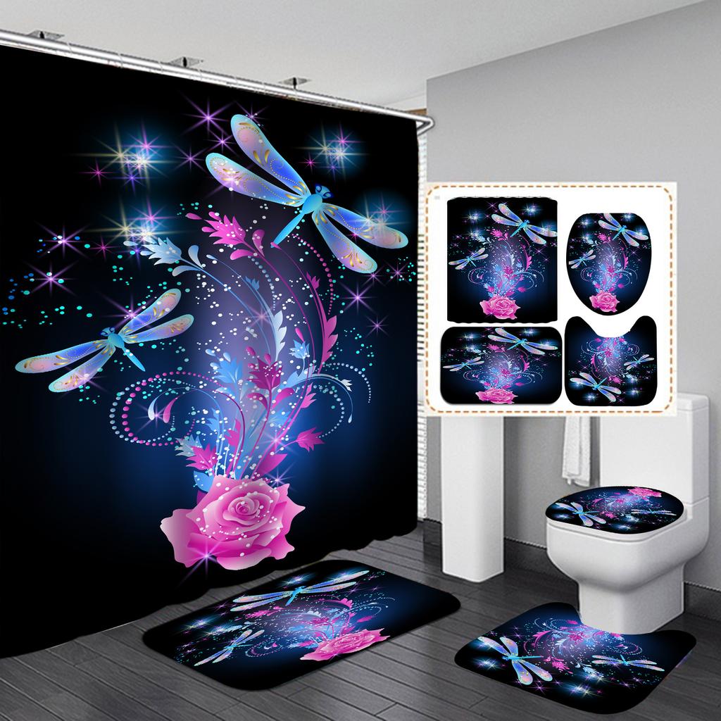 Romantic Rose Shower Curtain Polyester Waterproof Fashion Flowers Floor Mat Toilet Set Bath Accessories Mildew Proof