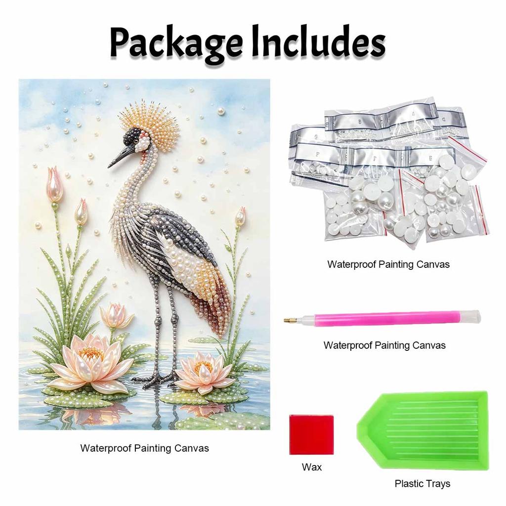This pearl painting kit features 5D pearls and a graceful crane with lotus flowers mosaic art style. designed for home wall decoration.