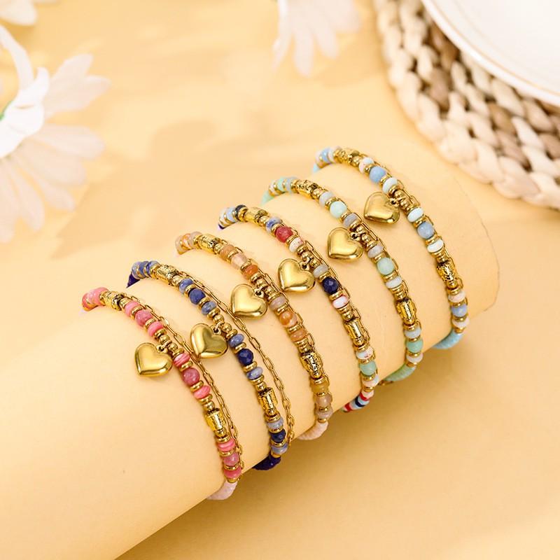 Boho Style Stainless Steel Double Layer Bracelet With Natural Stone Beads Heart Charm Women