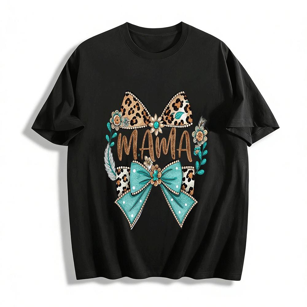 Western Style Leopard Bow MAMA Print Casual Tee For Women Pure cotton T-shirt XXS