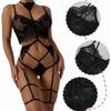 3 Piece Women Garter Belt Lingerie Set Strappy See Through Lace Halter Neck High Waist Underwear Set Black XL