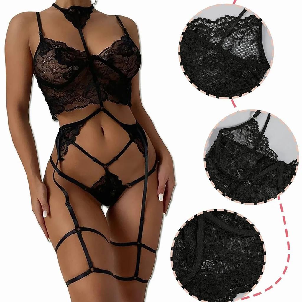 3 Piece Women Garter Belt Lingerie Set Strappy See Through Lace Halter Neck High Waist Underwear Set Black XL