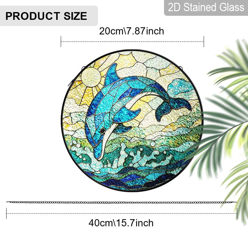 2D Flat Stained Glass Blue Dolphin Window Decoration, 6.3/7.87inches Ocean Theme Colored Glass Plate with Chain, Charming Indoor/Outdoor Sun Catcher