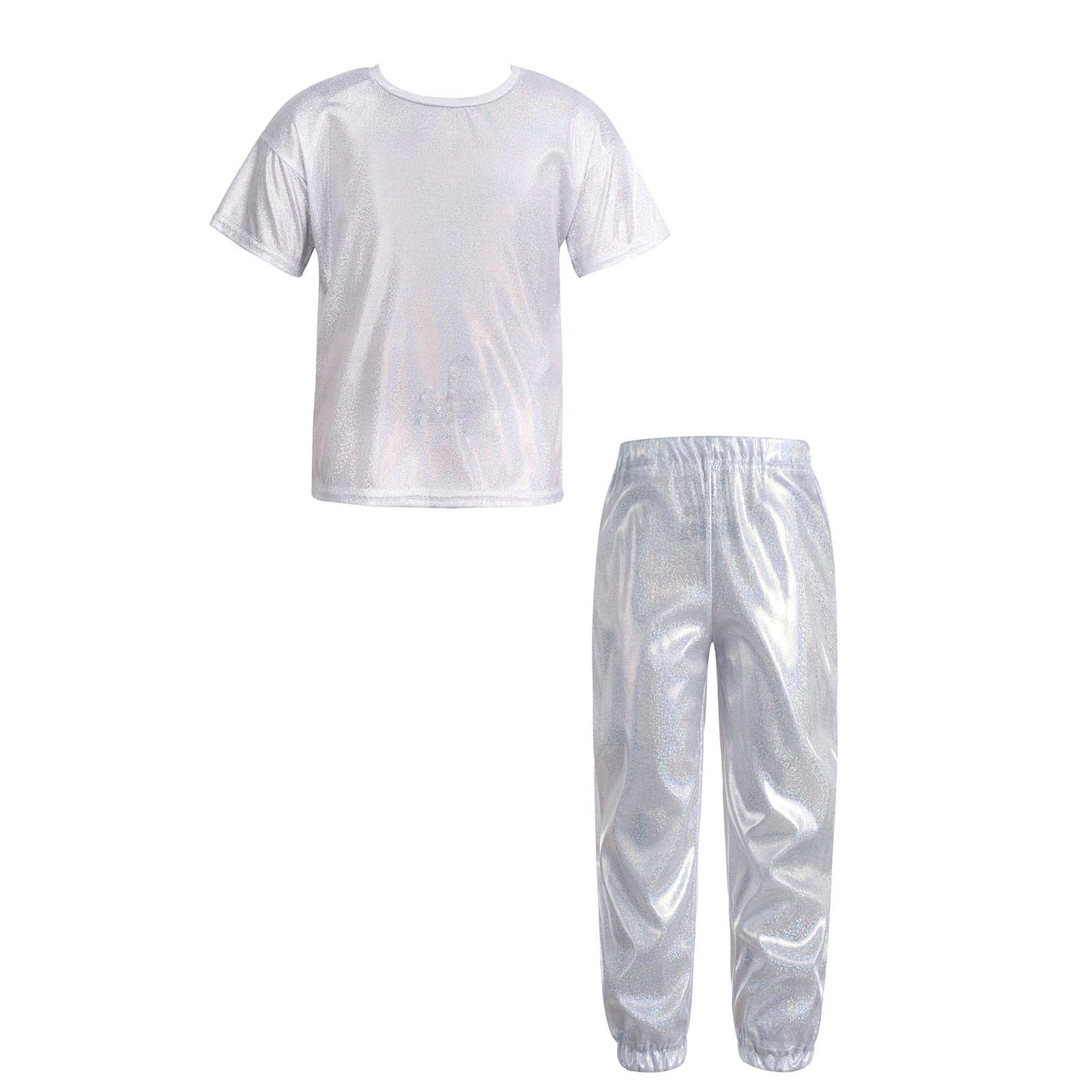

Unisex Metallic Shiny Round Neck Short Sleeve T Shirt Glittery Elastic Waistband Pants Jazz Dance Costume 9-10 Years срібний