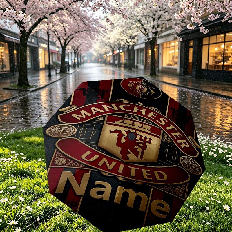 Custom Name Personalized Manchester United Print Umbrella, Auto Open Close, 8‑Rib Sturdy Frame, Commute Camping Hiking Use, Birthday Gift