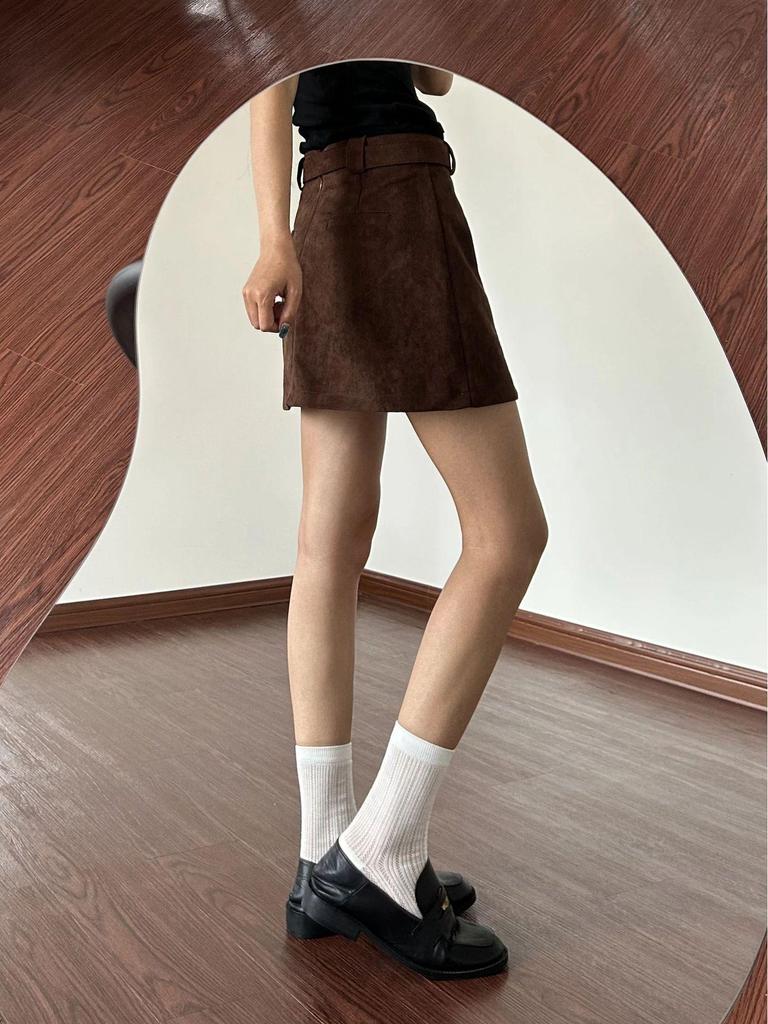 Petite Brown Suede A-Line Half-Skirt for Women - Coffee Color, Hip-Hugging, Spring/Autumn
