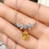 Women Yellow Teardrop Pendant Necklace with Sparkling Stone Cluster Elegant Silver Tone