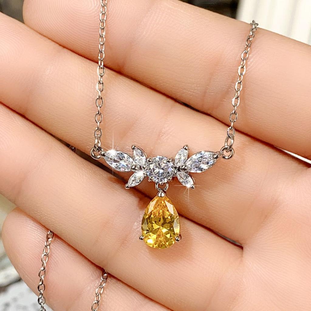 Women Yellow Teardrop Pendant Necklace with Sparkling Stone Cluster Elegant Silver Tone
