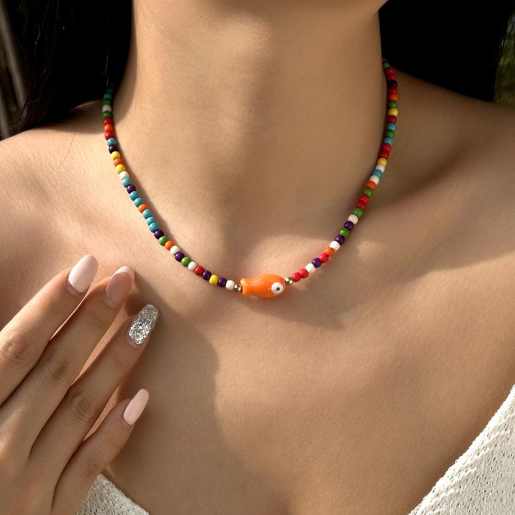 Bohemian Handmade Colorful Ceramic Fish Beaded Necklace for Women Unisex Rice Beads Choker Summer Beach Party Jewelry Gift