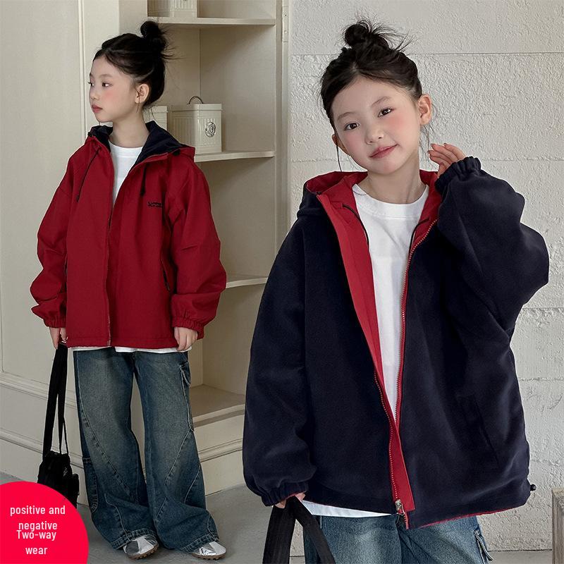 Girls' Korean Style Reversible Hooded Windbreaker: Trendy Spring/Autumn Jacket for Big Girls