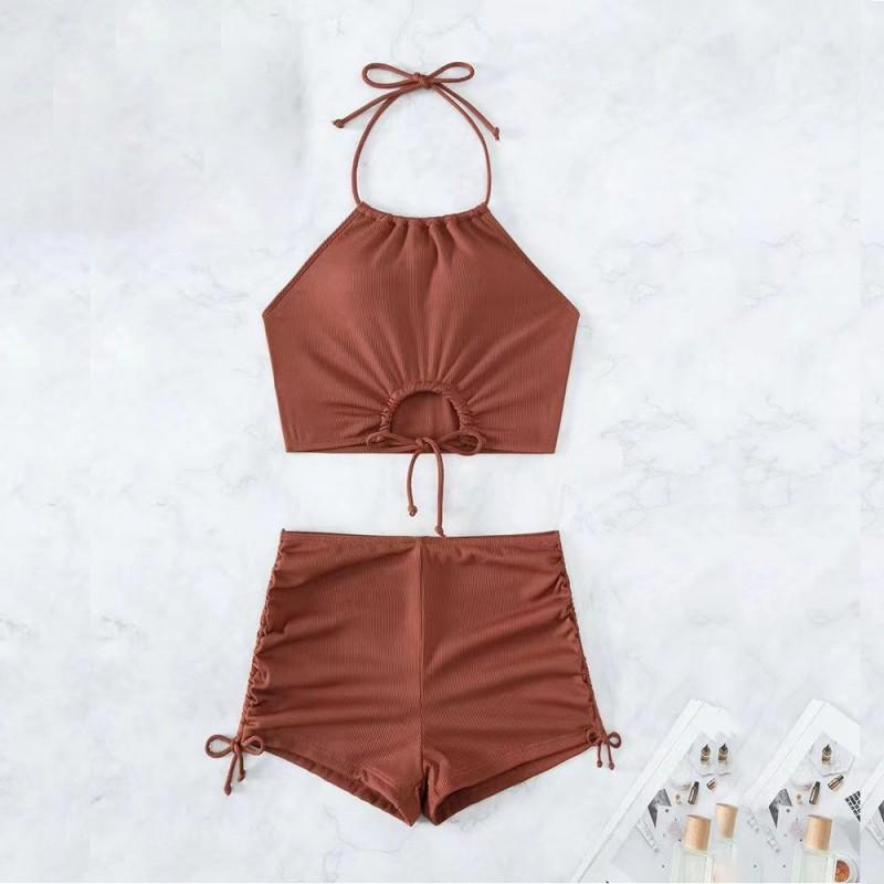 Split Swimsuit Two-piece Set Feminine Neck-hanging Bikini High-quality S коричневый