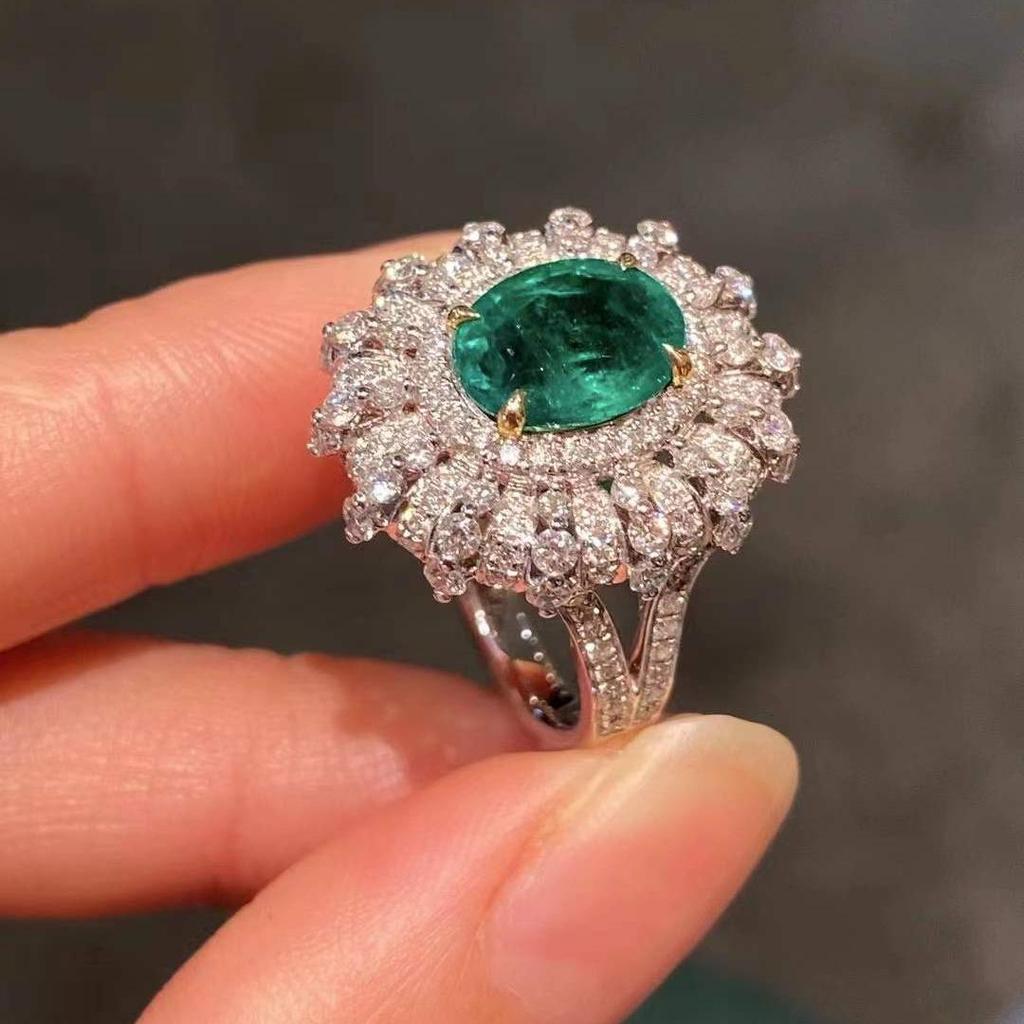 Xiancan Jewelry Oval Faceted Green Zircon Ring In 925 Silver with Multi-Layer Diamond Pave, European-American Style.