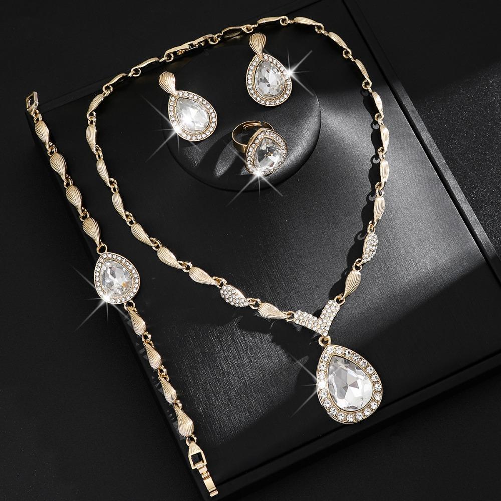 Water Drop Pendant Rhinestone Inlaid Jewelry Set Bracelet Ring Women Jewelry Set  Bridal