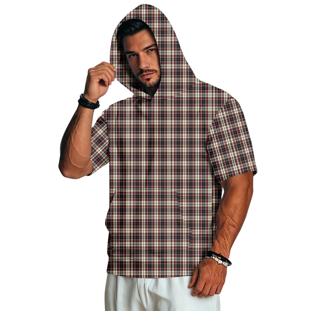 Felpa con Cappuccio da Uomo a Maniche Corte con Stampa a Quadri Retrò, Pullover Leggero Casual per l'Uso Quotidiano