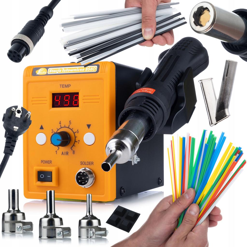 Rosfix Zestaw Stacja Lutownicza Hot-Air 858D 700W – Profesjonalne Spawanie Plastiku | 3 Dysze + Dysza But 8x9mm + 100 Szt. Spoiw
