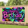 2D Colorful Graffiti Happy Birthday Backdrop Neon Paint Splatter Party Decoration Banner
